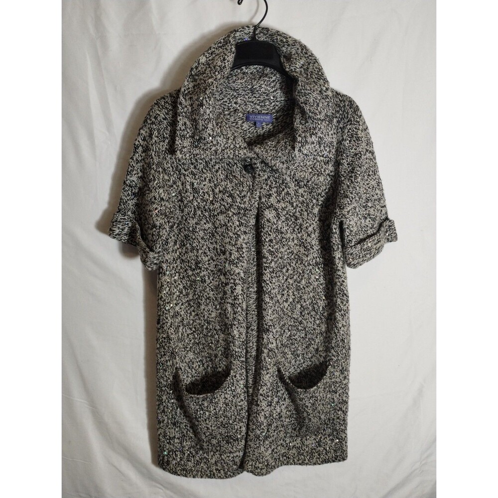 Vivienne Tam Sequin Marled Knit Cardigan Coat Sweater Medium Gray Short...